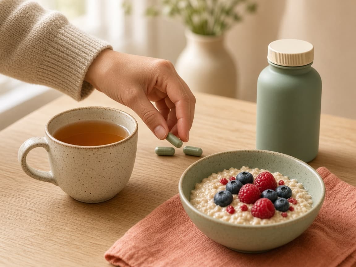 A simple daily supplement routine beside breakfast